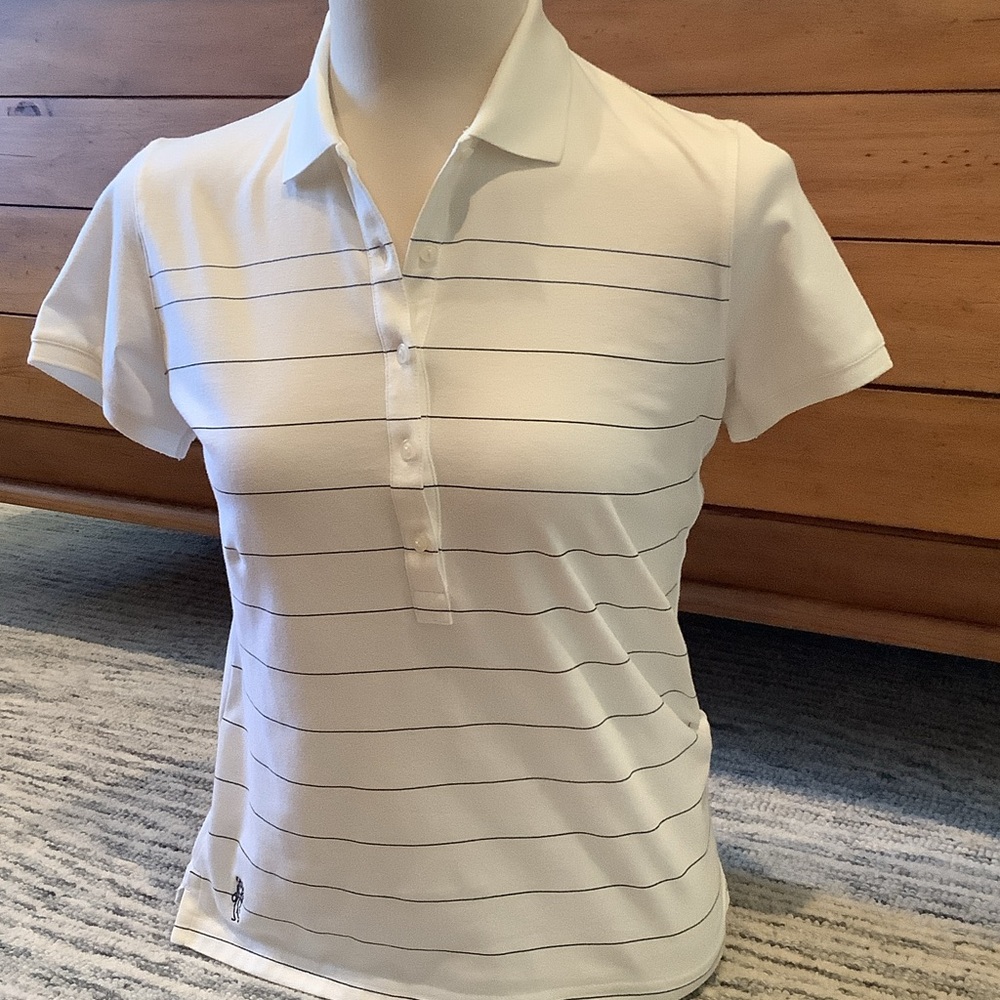 Ashworth Women's White Polo Shirt with Navy Stripes